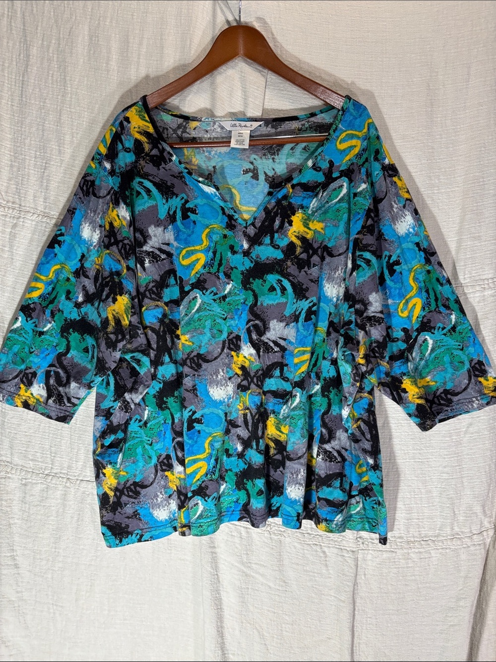 Ulla Popken Abstract  Brushstroke V-Neck 100% Cotton Top Plus Size 32/34 5X